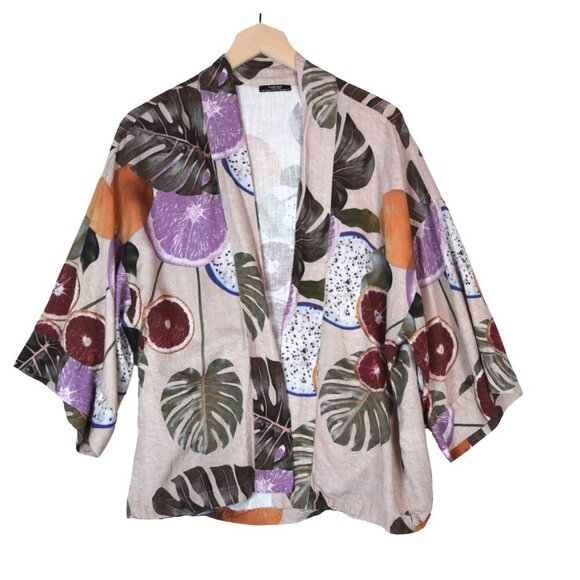 Parfois Fruit Print Kimono Jacket Linen Blend M Relaxed Open Front Tropical - Picture 2 of 9